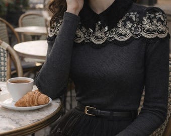 New Dark Academia Lace Collar Knit Top Gothic Victorian Parisian Sz S Twee