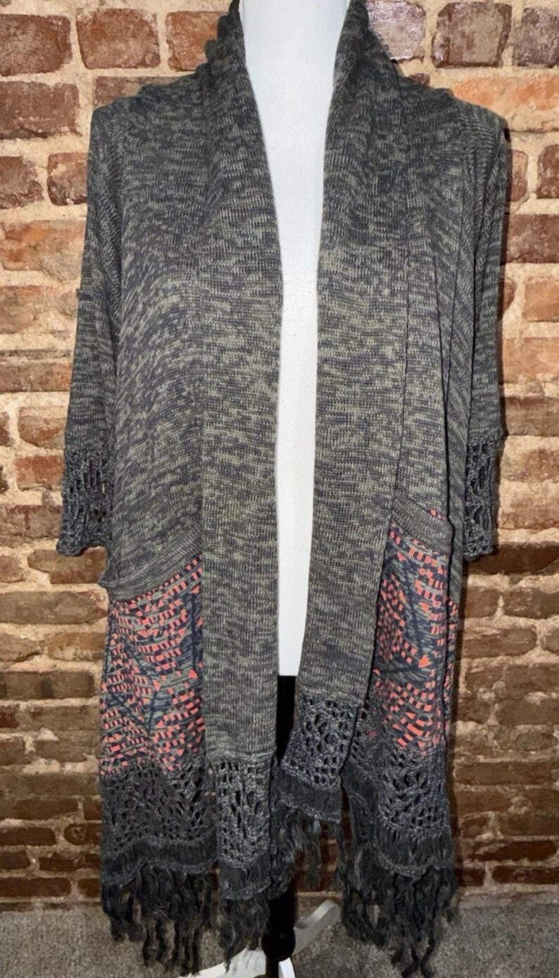 Anthropologie Cine NWT Gray Fringe 3/4 SLEEVE crochet Open Cardigan Luxury beach image 2