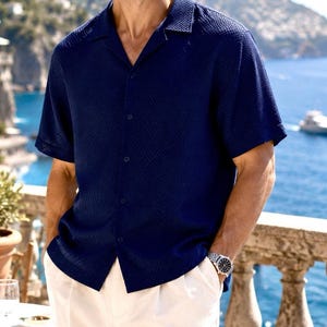 Scotch Soda Amsterdam Navy gewebtes strukturiertes Kurzarm-Button-Up-Shirt Herren 2XL Bild 1