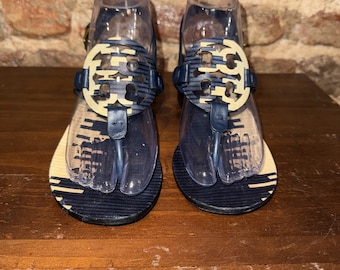 Tory Burch Miller 45mm Ankle Strap Sandals Chunky Heel Navy Blue Cream Sz 7M EUC
