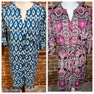Anthropologie Lot of 2 Maeve Shirt Dresses Ikat Pattern Sz L Pink & Blue EUC image 2