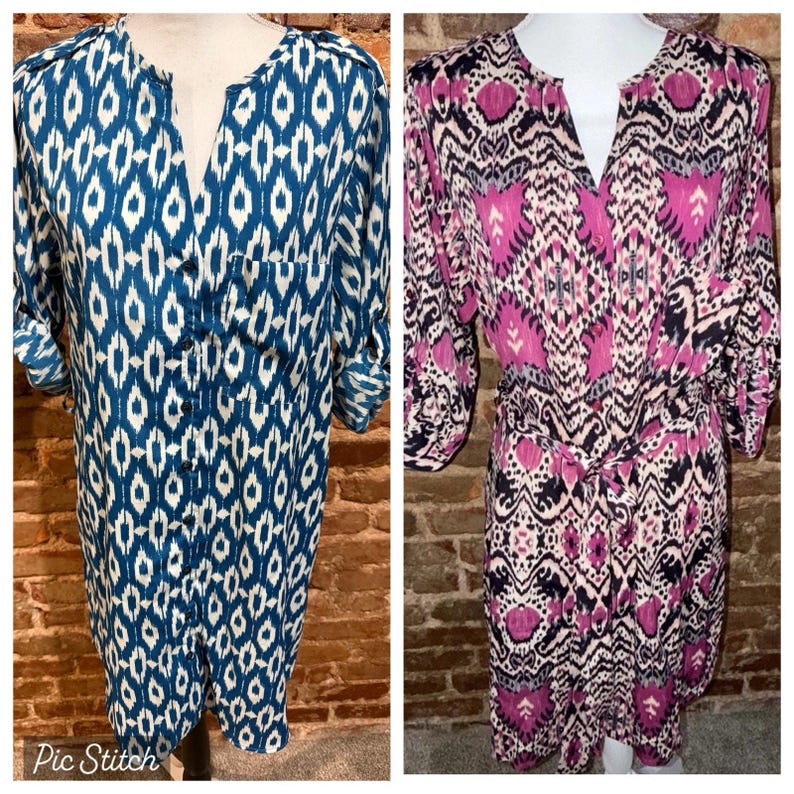 Anthropologie Lot of 2 Maeve Shirt Dresses Ikat Pattern Sz L Pink & Blue EUC image 2