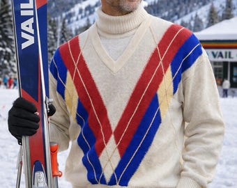 Vintage Men’s Alpaca V-Neck Sweater XL Made in Peru Argyle EUC Retro Preppy Ski