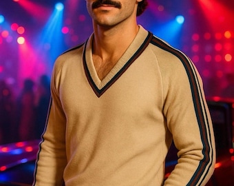 Lord Jeff 70’s 80's Vintage V-neck Beige Sweater Made In USA SZ L disco retro