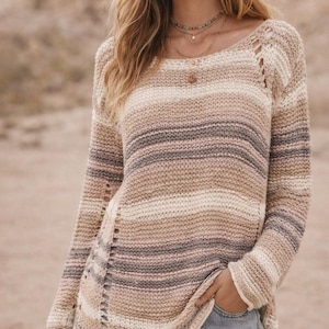 Free People S Striped SWEATER Ribbon Tape Yarn Desert Moon Brown/Tan Boho EUC image 1