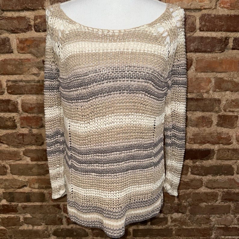 Free People S Striped SWEATER Ribbon Tape Yarn Desert Moon Brown/Tan Boho EUC image 2