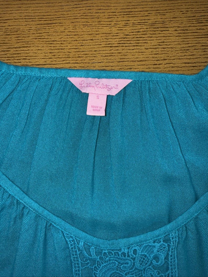 Lilly Pulitzer Briony Boho Peasant Top Sz S Teal Blue Viscose Palm Beach Resort image 7