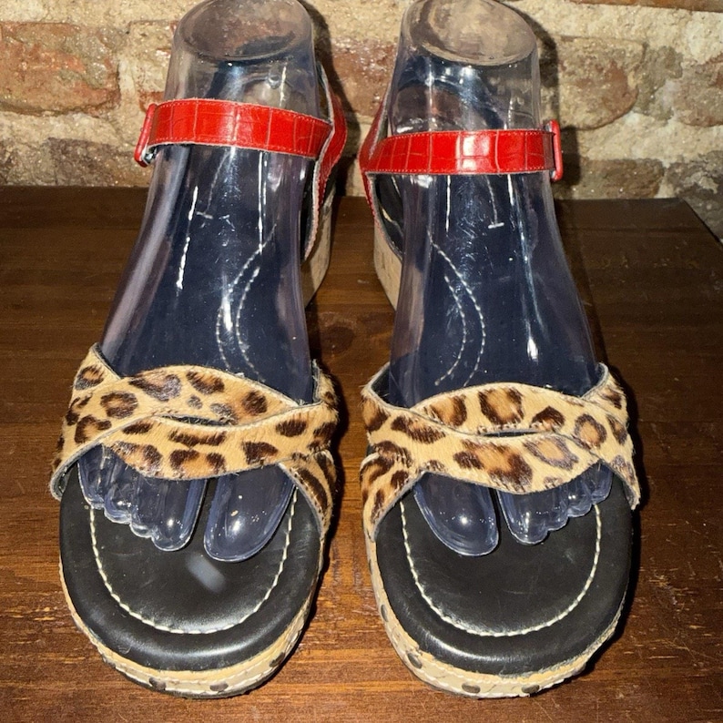 Donald J Pliner SHA Leopard Calf Hair Cork Wedge Sandals Red Croc Italy 7.5M image 2