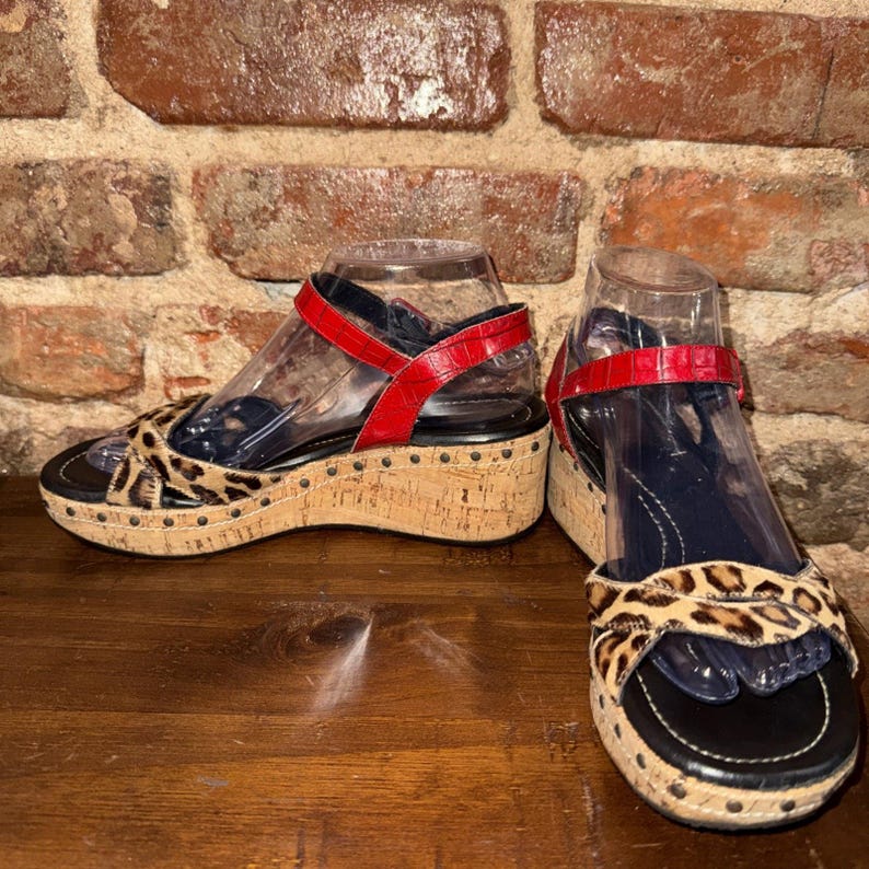 Donald J Pliner SHA Leopard Calf Hair Cork Wedge Sandals Red Croc Italy 7.5M image 5