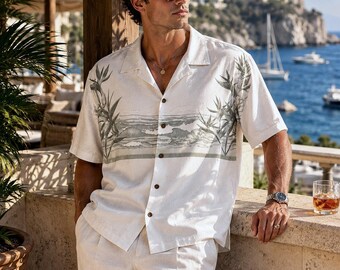 Tommy Bahama SILK-shirt heren XL bloemen Hawaiian Island Surf Waves Beach Ocean EUC