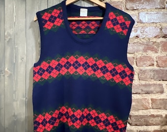 Vintage 1960s Drummond Argyle Knit Sweater Vest Size XL Red/Navy/Grn