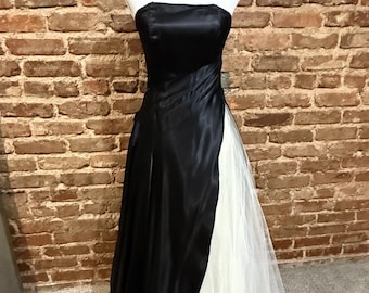 Vintage Black Taffeta Maxi Dress – White Tulle Split, Y2K Prom