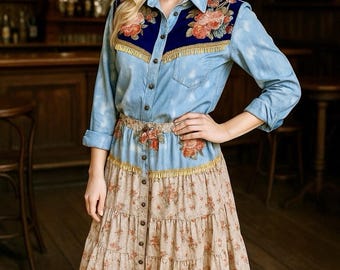 ARATTA Miss Texas Shirt Sz M BOHO Blau Samt Passe Blumenstickerei Gold Quaste