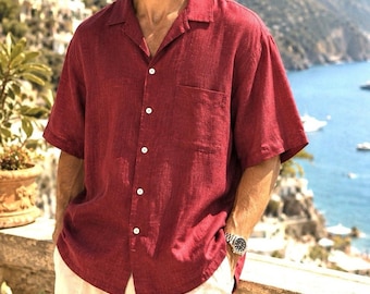 Camisa masculina Breakwater de linho luxuoso na cor bordô com textura tecida, tamanho XL, modelo Cabana, em excelente estado de conservação.