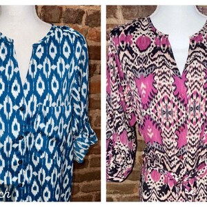 Anthropologie Lot of 2 Maeve Shirt Dresses Ikat Pattern Sz L Pink & Blue EUC image 3