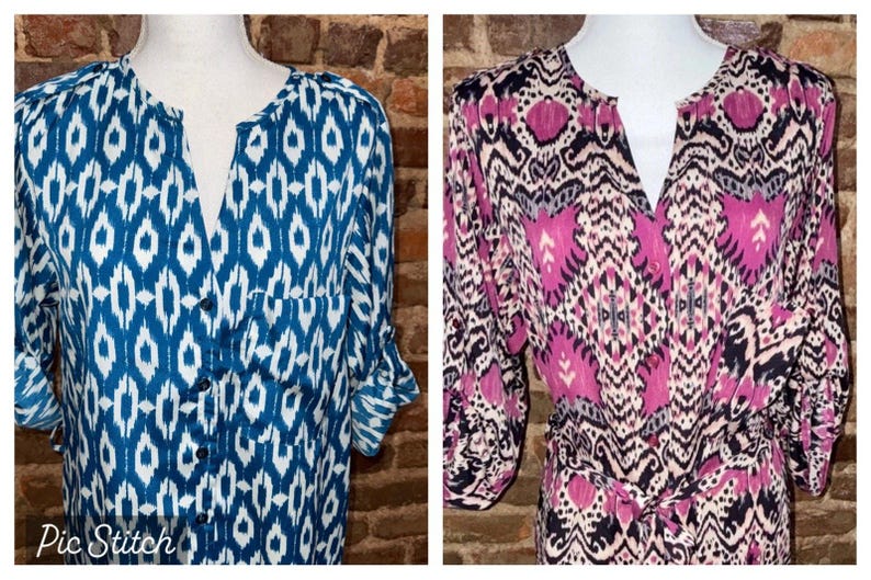 Anthropologie Lot of 2 Maeve Shirt Dresses Ikat Pattern Sz L Pink & Blue EUC image 3