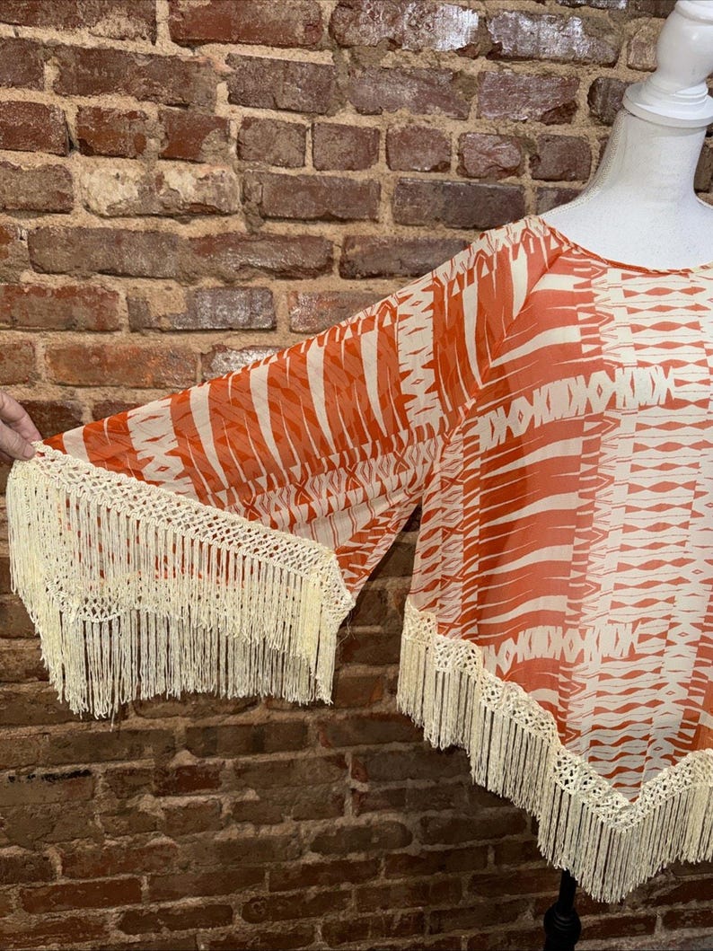 ANNA SUI For Anthropologie NWT Orange Silk Sheer Tunic Fringe Sz M Festival Boho image 3