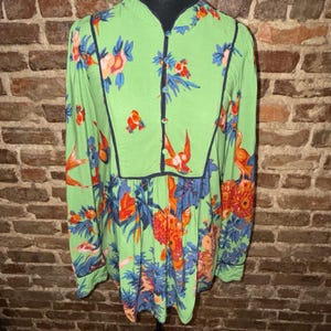 Anthropologie Green Bird Botanical Floral Blouse Whimsy Size XS Puff Sleeve EUC image 2