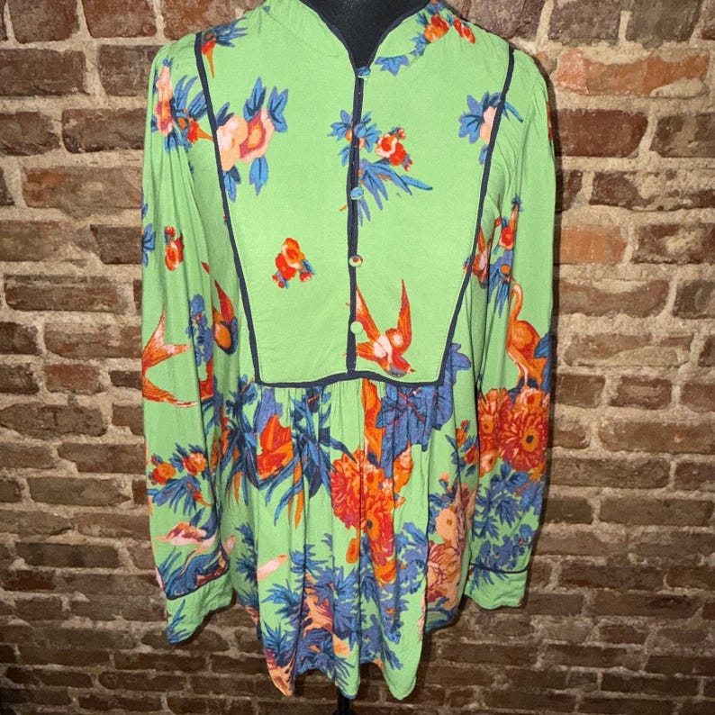 Anthropologie Green Bird Botanical Floral Blouse Whimsy Size XS Puff Sleeve EUC image 2
