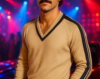 Lord Jeff 70’s 80's Vintage V-neck Beige Sweater Made In USA SZ L disco retro