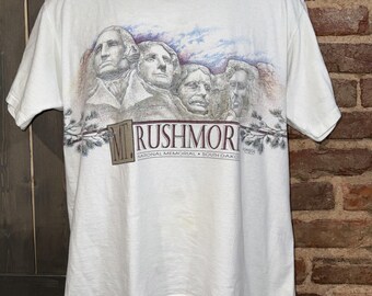 Vintage Mt. Rushmore Tee Sz L Weiß Single Stitch Painting Souvenir Tee 90s EUC