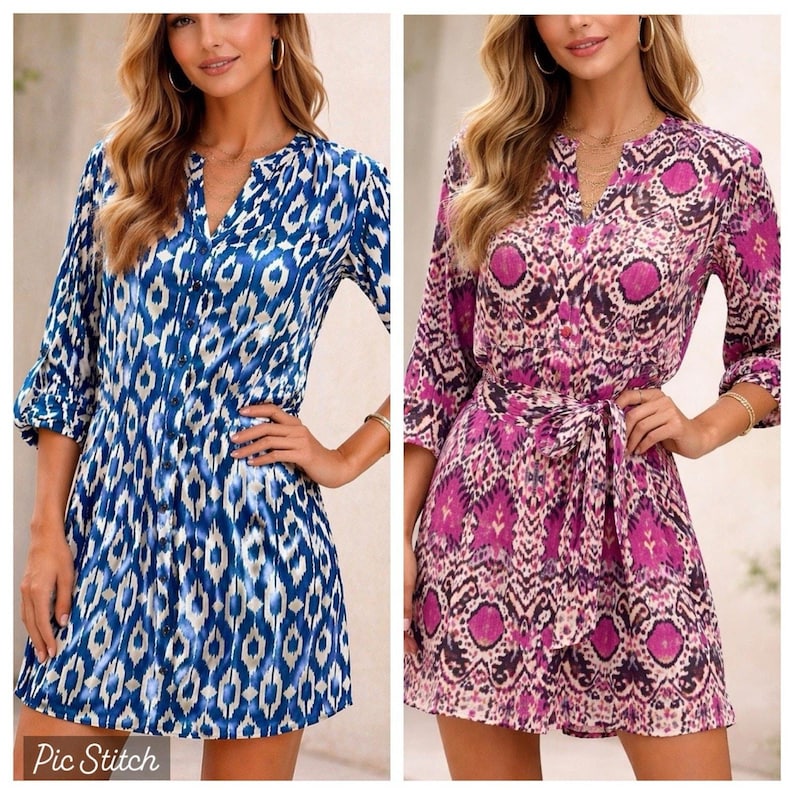 Anthropologie Lot of 2 Maeve Shirt Dresses Ikat Pattern Sz L Pink & Blue EUC image 1