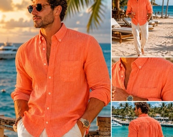 Camisa Brooks Brothers 346 para hombre, 100% lino, color naranja, talla L. Usada una sola vez. Ideal para la playa. Excelente estado.