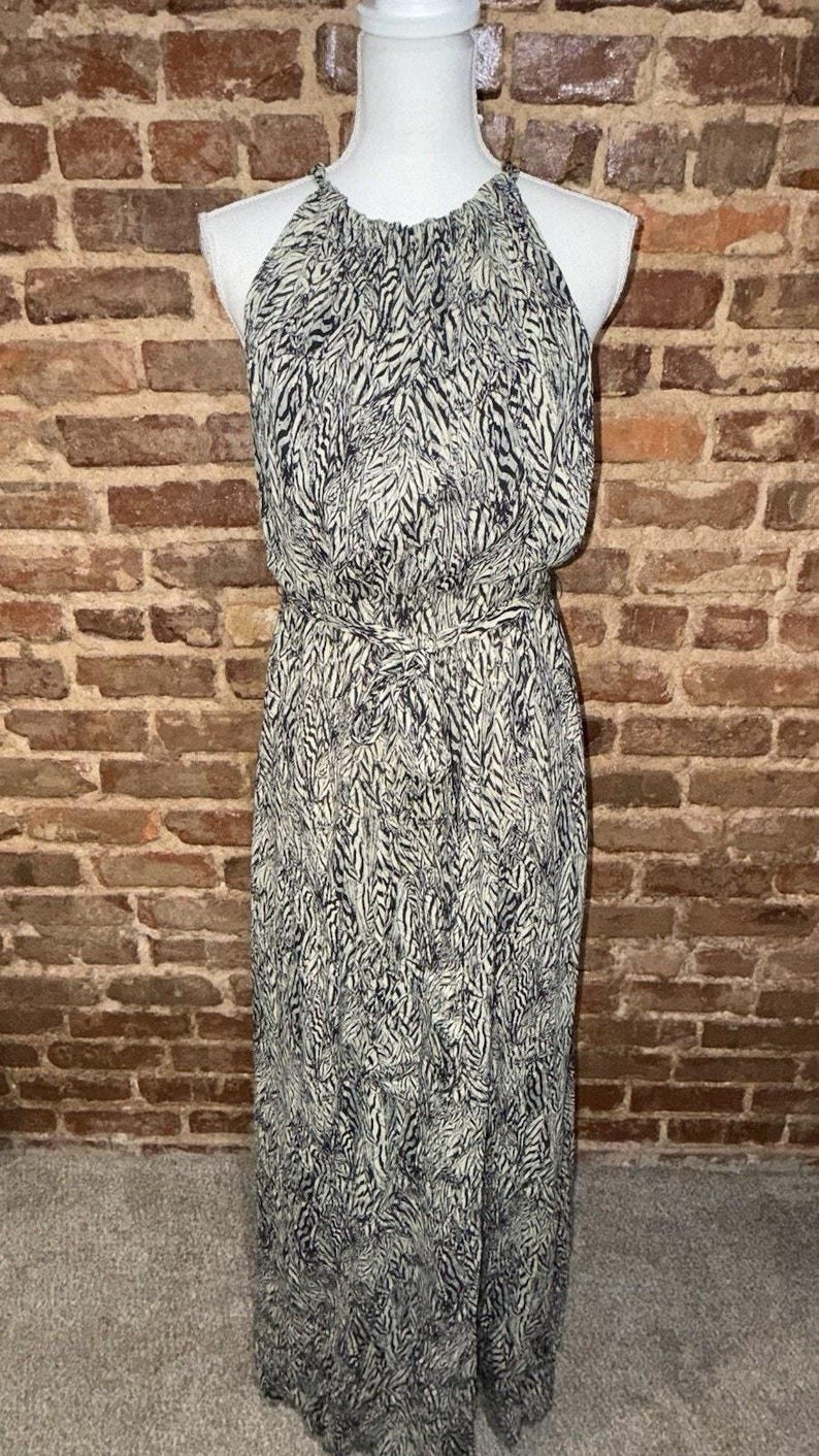 Anthropologie Leifsdottir Marinblå Krämfärgad Abstrakt 100% Siden Halter Maxiklänning 8 EUC bild 2