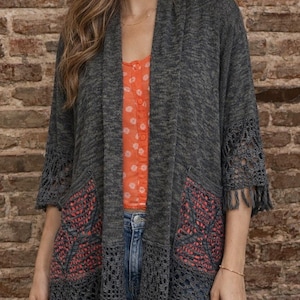 Anthropologie Cine NWT Gray Fringe 3/4 SLEEVE crochet Open Cardigan Luxury beach image 1
