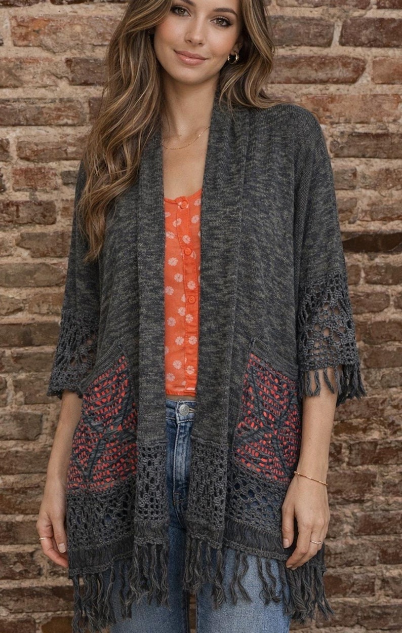 Anthropologie Cine NWT Gray Fringe 3/4 SLEEVE crochet Open Cardigan Luxury beach image 1