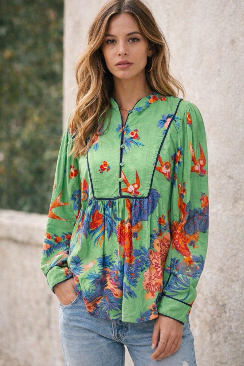 Anthropologie Green Bird Botanical Floral Blouse Whimsy Size XS Puff Sleeve EUC image 1