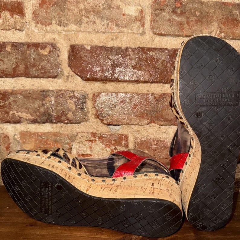 Donald J Pliner SHA Leopard Calf Hair Cork Wedge Sandals Red Croc Italy 7.5M image 6