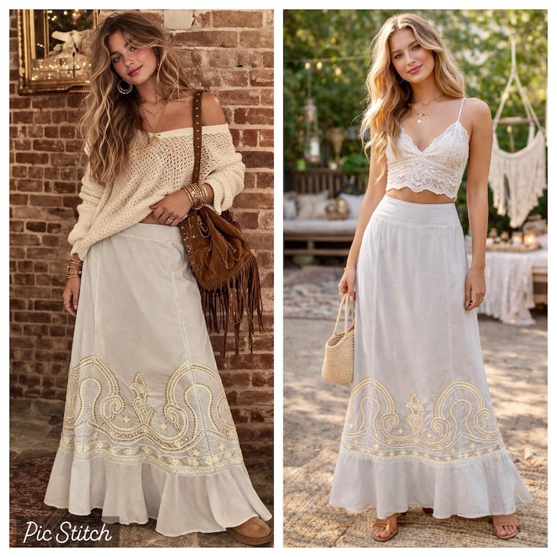 Anthropologie Floreat Szaro-złota spódnica maxi z koralikami, bogato haftowana, rozmiar 6, boho zdjęcie 1