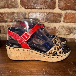 Donald J Pliner SHA Leopard Calf Hair Cork Wedge Sandals Red Croc Italy 7.5M image 1