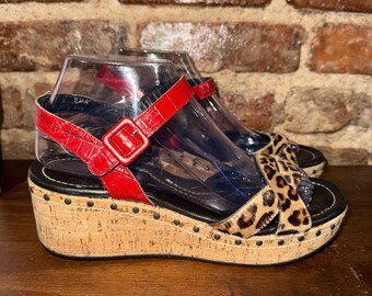 Donald J Pliner SHA Leopard Calf Hair Cork Wedge Sandals Red Croc Italy 7.5M