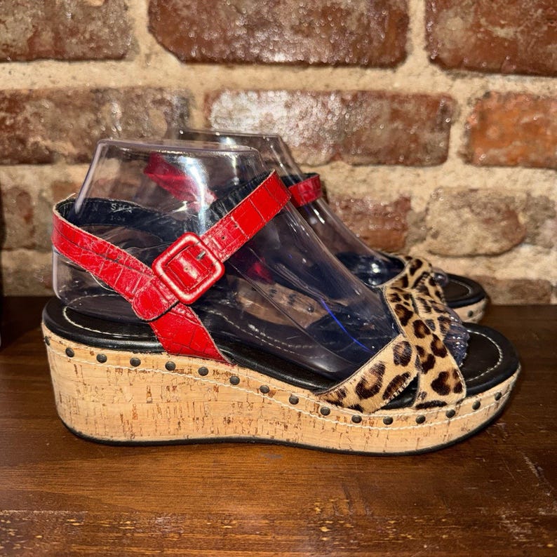 Donald J Pliner SHA Leopard Calf Hair Cork Wedge Sandals Red Croc Italy 7.5M image 1