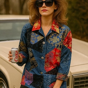 May include: A denim jacket with patchwork details in red, blue, and black floral patterns. The jacket has a red and gold patterned collar and cuffs. The person is holding a Diet Coke can.