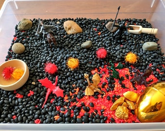 Dragons and Knights Sensory Bin for preschoolers| Hands-on Montessori educational toys games small world winter sensory bin loose parts