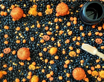 Happy Halloween Sensory Bin | Hands-on learning | educational toys and games | sensory play | Montessori toys | fall sensory bin filler