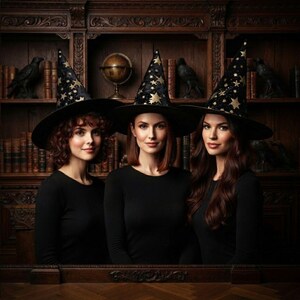 May include: Three black pointed hats featuring gold star patterns. Each hat has a wide brim and a tall, conical crown. The hats are made of a dark fabric with metallic gold stars of varying sizes scattered across the surface of the material.