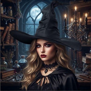 May include: A black pointed witch hat with a wide brim, worn with a black lace choker featuring a central dark gemstone and a black satin cape. The hat has a structured, slightly creased crown and a broad, flexible brim that curves downward.