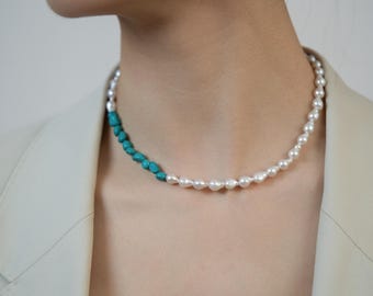 Baroque Pearl Necklace with Turquoise Accent, Handmade Statement Beaded Jewelry