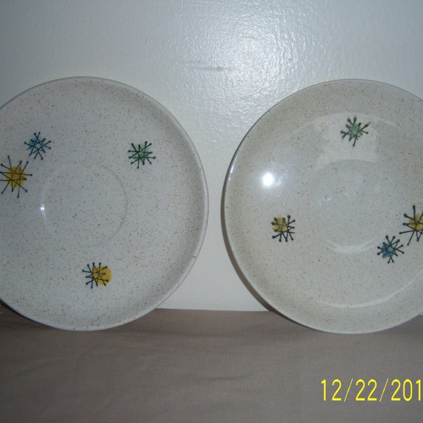 Vintage Atomic Starburst Sunburst Pottery Mid Century Saucer Plates  -  Eames Era China Plate -  Set of Two Made in France