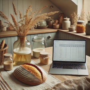 Puede incluir: Una escena de cocina rústica con un pan, tarros de ingredientes y un portátil que muestra datos. Un gran jarrón de cristal contiene tallos de trigo secos. El pan está sobre un paño a rayas. Se ven tarros de harina y otros ingredientes.
