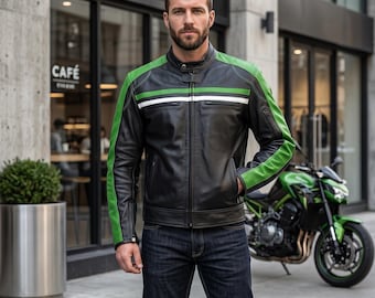 Handmade Men's Black & Green Striped Real Cowhide Leather Biker Jacket - Vintage Style Cafe Racer Motorcycle Racing Jacket