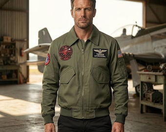 Chaqueta de aviador verde oliva para hombre con parches tradicionales - Chaqueta de vuelo clásica de estilo militar - Abrigo de piloto de algodón hecho a mano para hombre