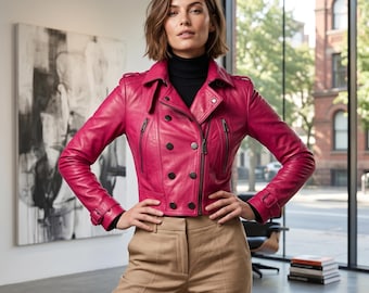 Pinke Leder-Bikerjacke für Damen - Kurze Moto-Style-Jacke, Fuchsia-Lederjacke, zweireihiger Zip-Mantel, Statement-Oberbekleidung