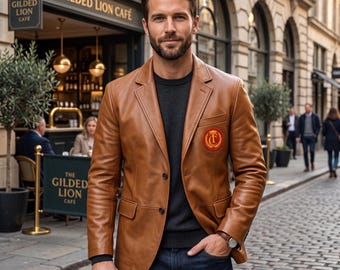 Mens Genuine Leather Blazer Embroidery Patch - Classic Two-Button Tailored Cognac Tan Leather Suit Jacket - Gift for Him