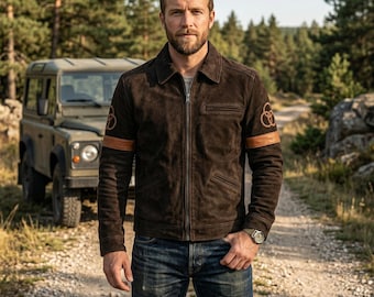 Chaqueta de ante marrón oscuro para hombre – Abrigo de motociclista vintage de supervivencia hecho a mano – Prenda exterior táctica desgastada