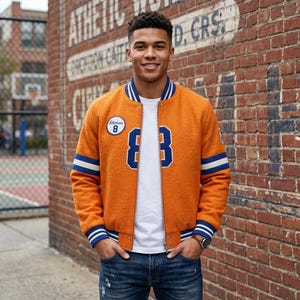 Unisex Orange Varsity Letterman Jacket – Blue Striped Wool Blend Bomber Sports Coat with Number 8 Patch – Retro College Style Outerwear